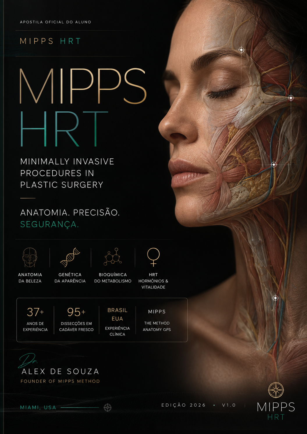 Capa da apostila oficial MIPPS HRT — anatomia facial em camadas sobre fundo escuro, com o título MIPPS HRT em dourado e verde